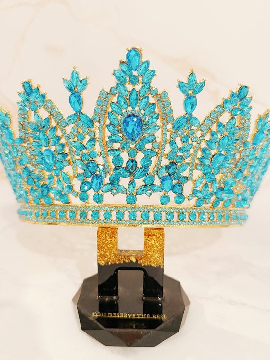 Gold Tiara Crown, ocean blue crystal crown, Royal Queen Tiara, pageant crown main image 7